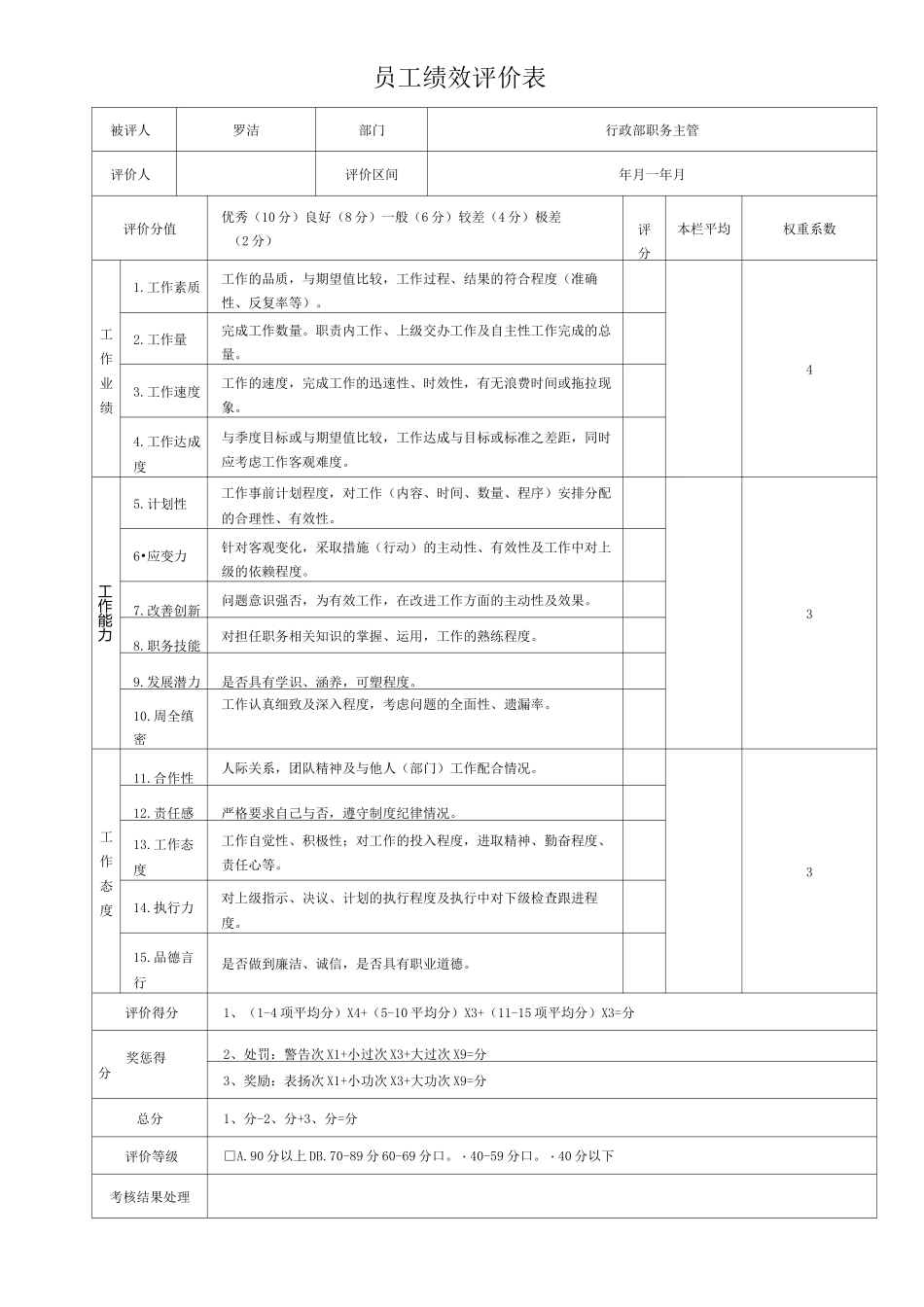 人力资源绩效考核评价表_第1页
