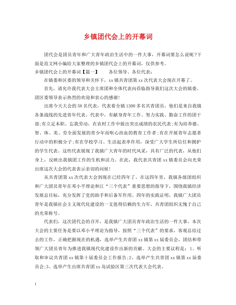 乡镇团代会上的开幕词_第1页