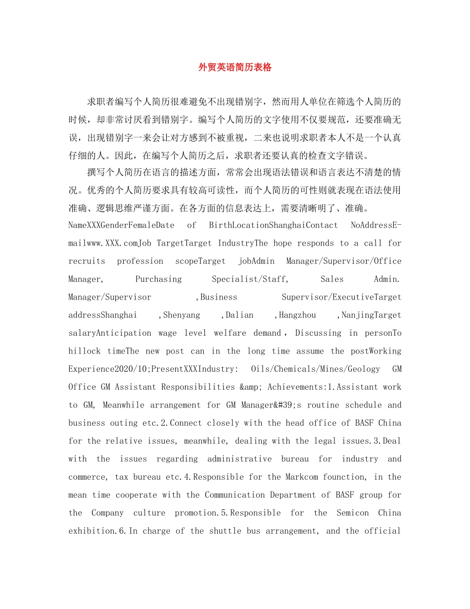 外贸英语简历表格 _第1页