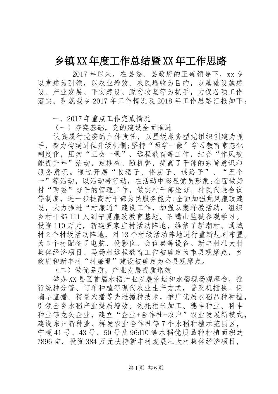 乡镇XX年度工作总结暨XX年工作思路 _第1页