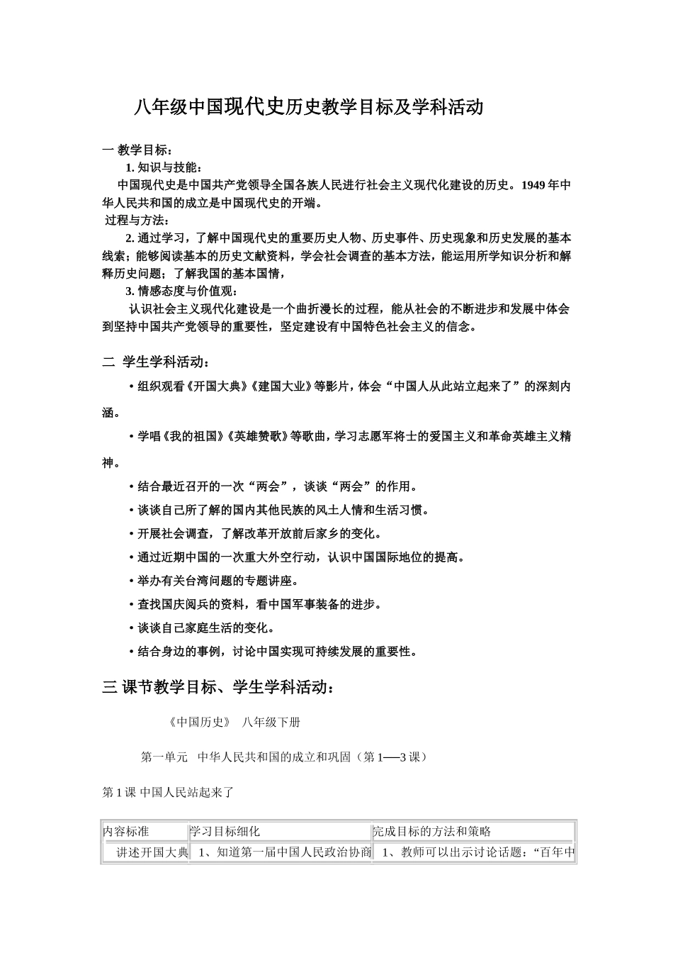 八年级中国现代史历史教学目标及学科活动_第1页