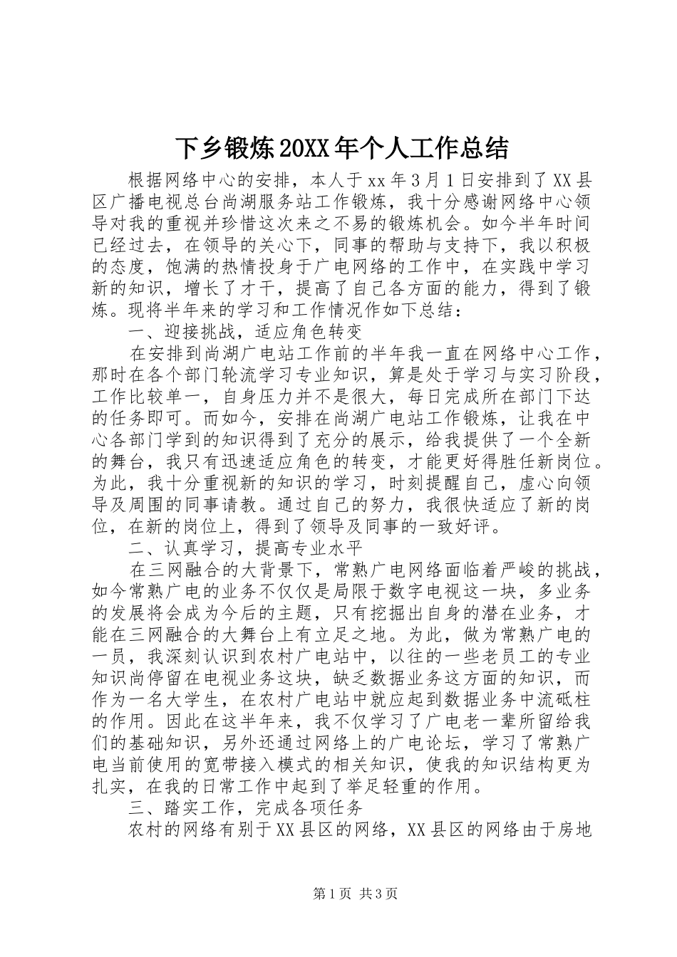 下乡锻炼20XX年个人工作总结 _第1页