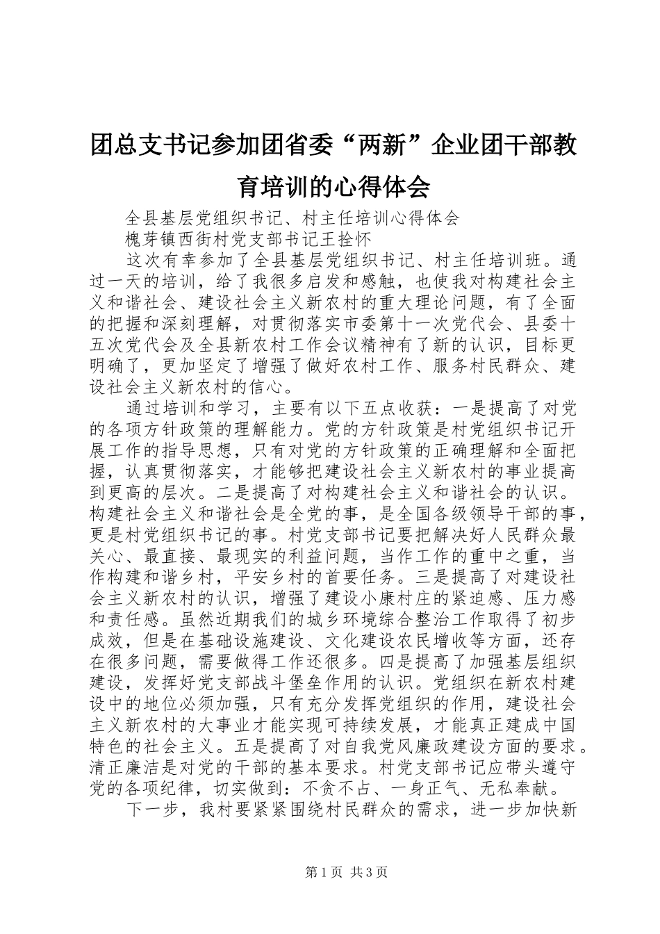 团总支书记参加团省委“两新”企业团干部教育培训的体会心得_第1页