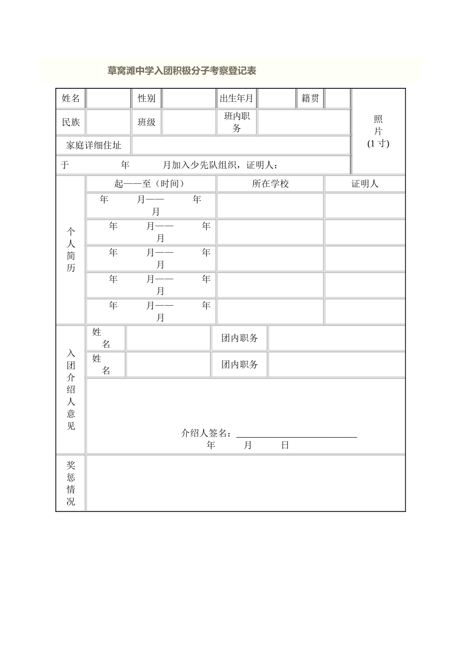 草窝滩中学入团积极分子考察登记表_第1页