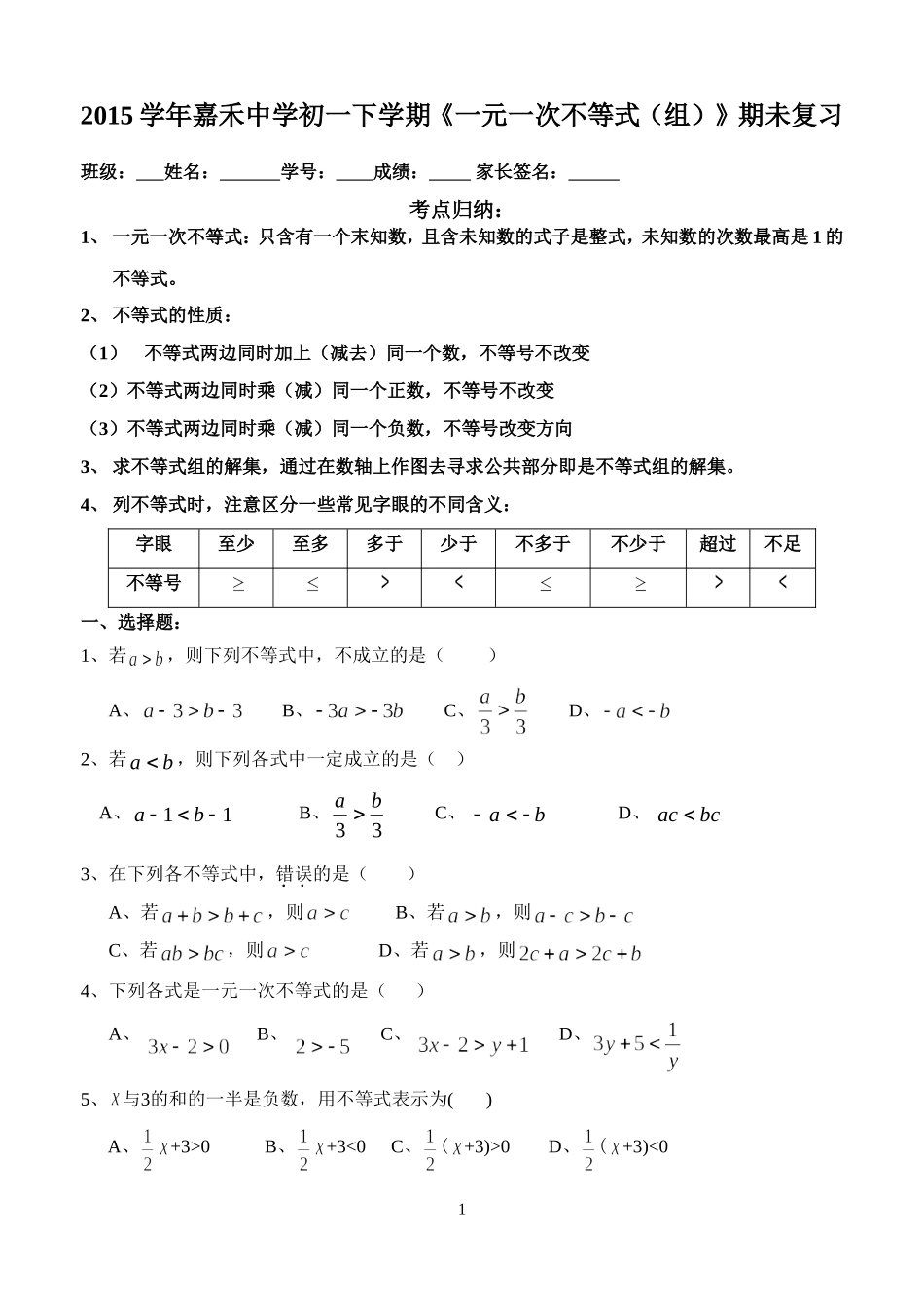 2015学年初一下学期《一元一次不等式（组）》期未复习_第1页