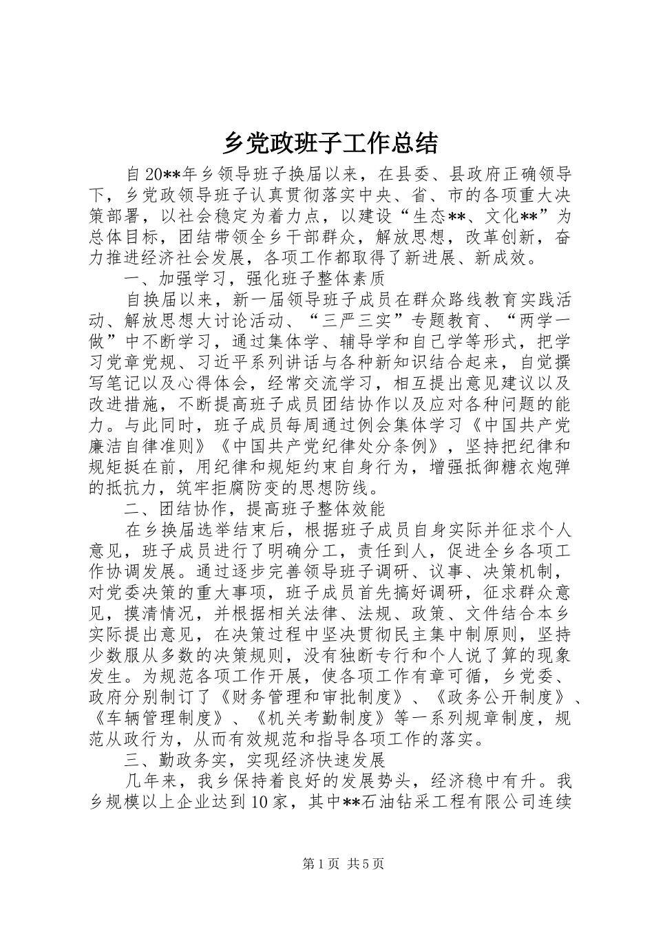 乡党政班子工作总结 _第1页