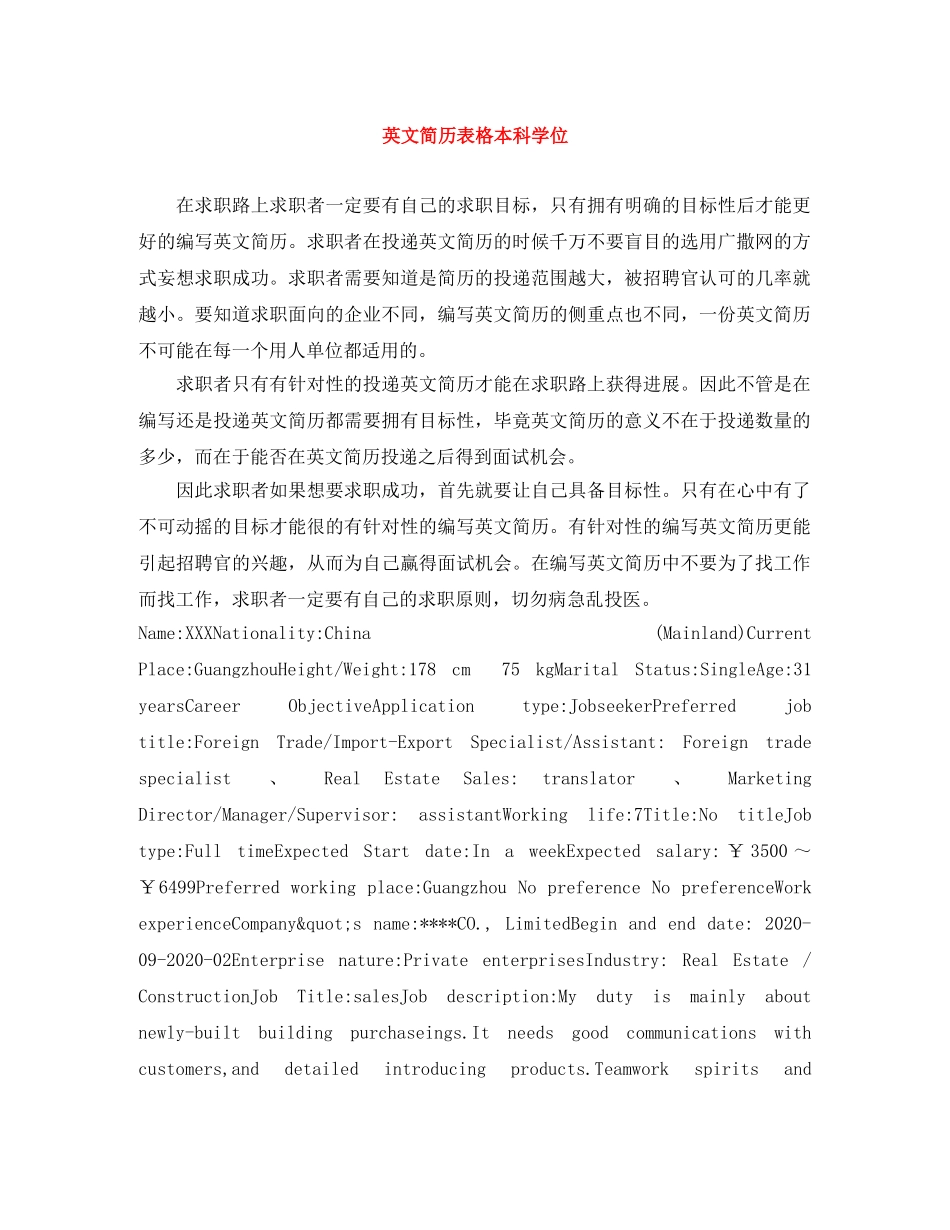 英文简历表格本科学位 _第1页