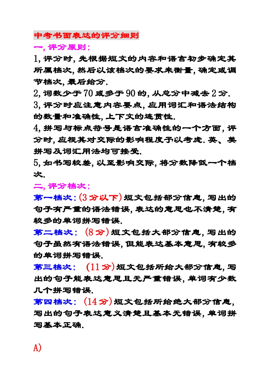 中考书面表达的评分细则_第1页