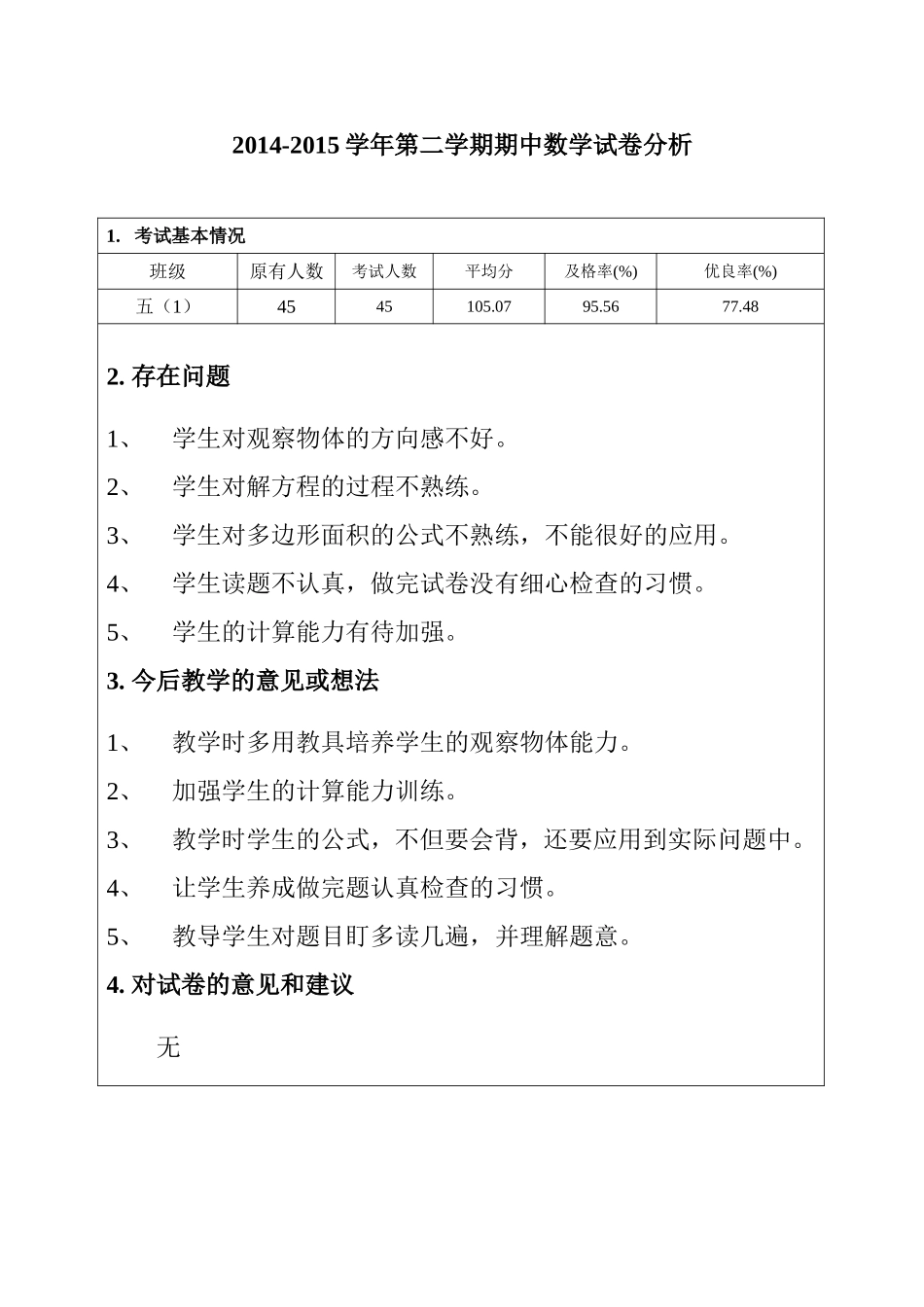 2014-2015学年第二学期期中数学试卷分析_第1页