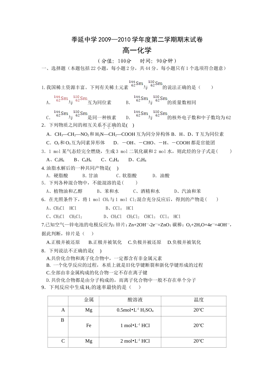 福建省晋江市季延中学09-10学年高一第二学期期末考试（化学）_第1页