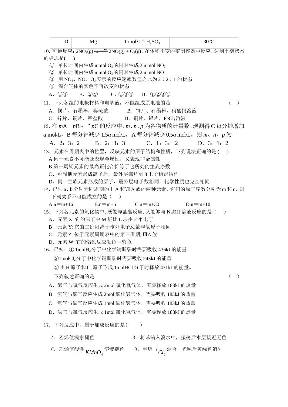 福建省晋江市季延中学09-10学年高一第二学期期末考试（化学）_第2页