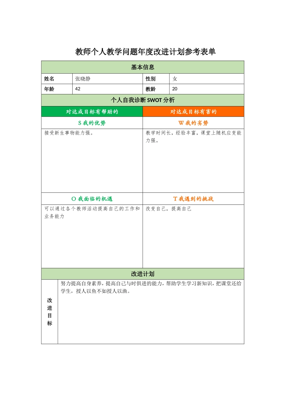 教师个人教学问题年度改进计划参考表单_第1页