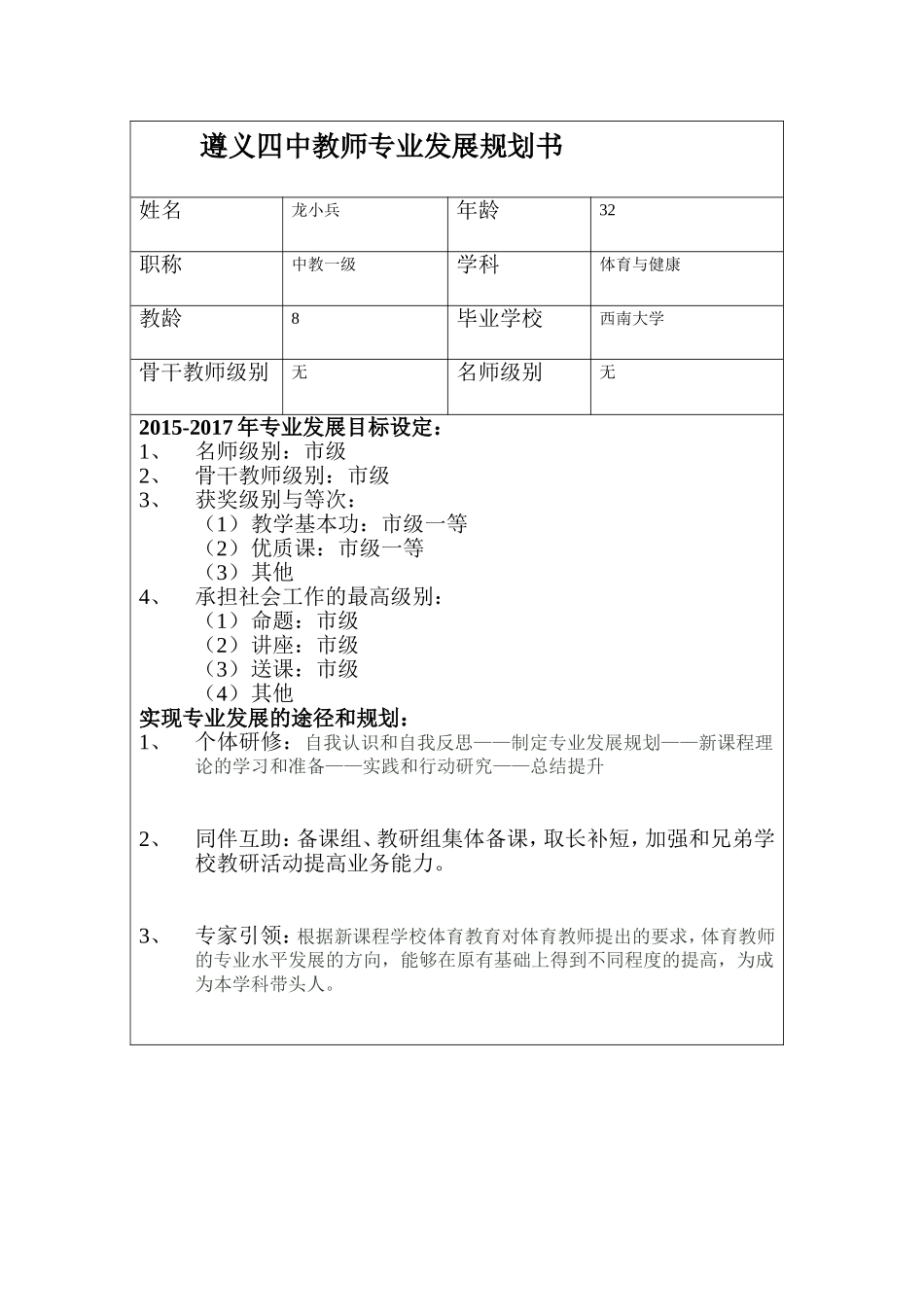 龙小兵---遵义四中教师专业发展规划书_第1页