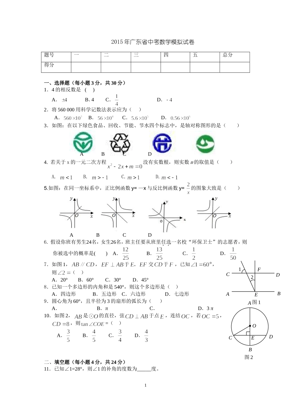 2015年广东省中考数学模拟试卷_第1页