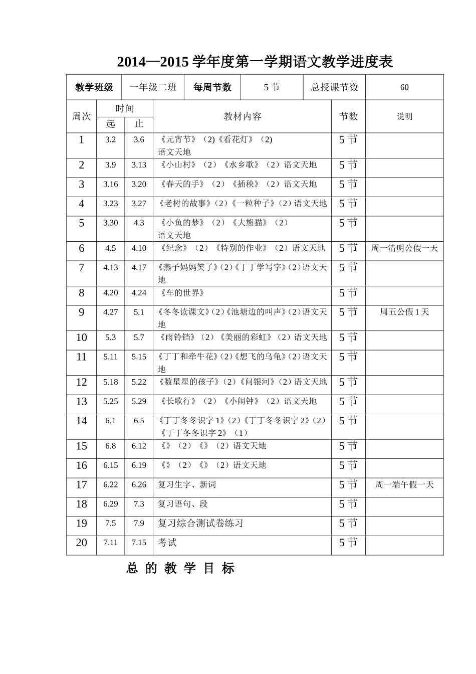 北师大一年级语文下教学进度表_第1页