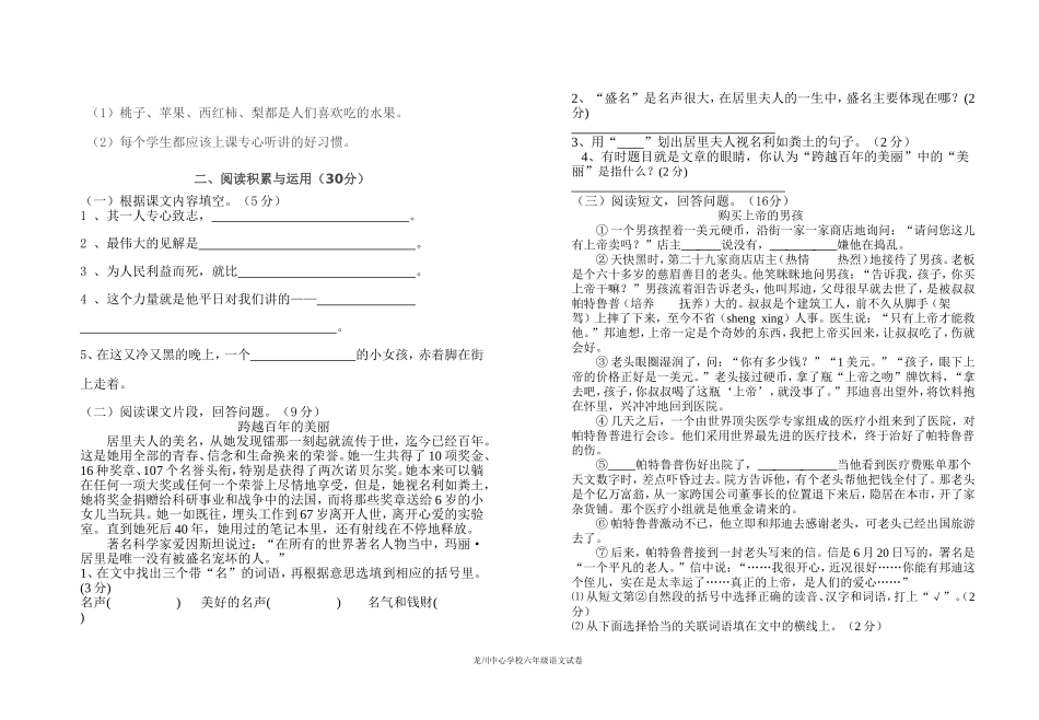 六年级下学期语文期末模拟试卷一_第2页