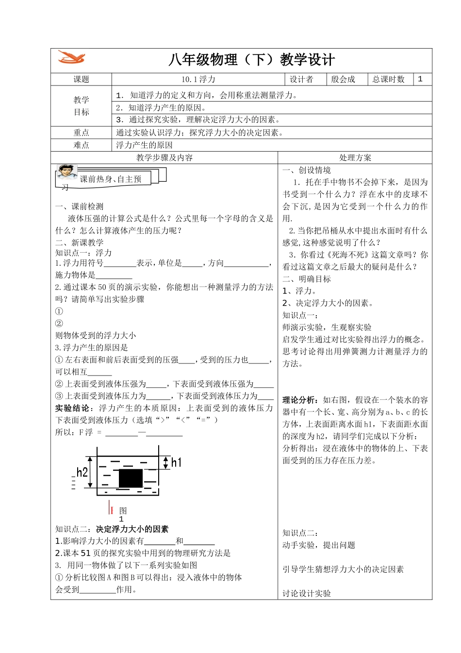 八年物理下第十章第一节浮力教案_第1页