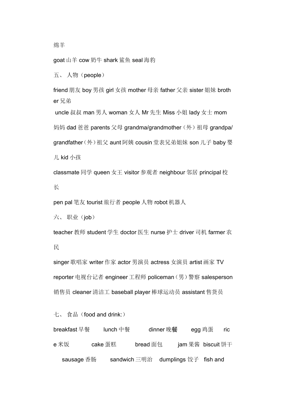 小学英语单词分类表_第2页