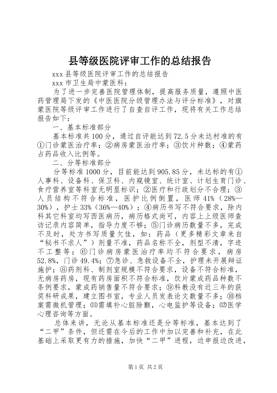 县等级医院评审工作的总结报告 _第1页