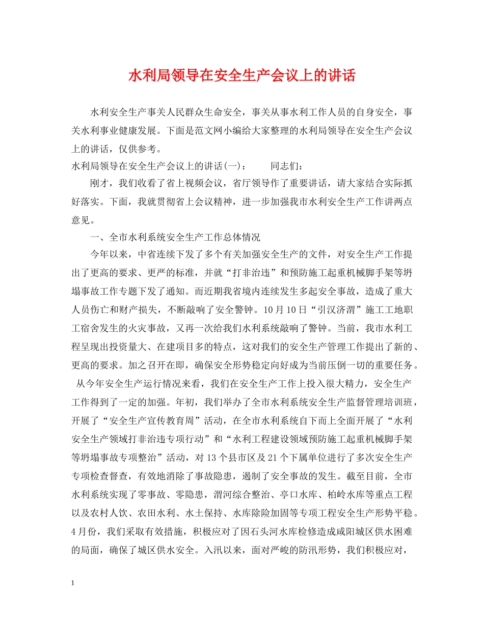 水利局领导在安全生产会议上的讲话 _第1页