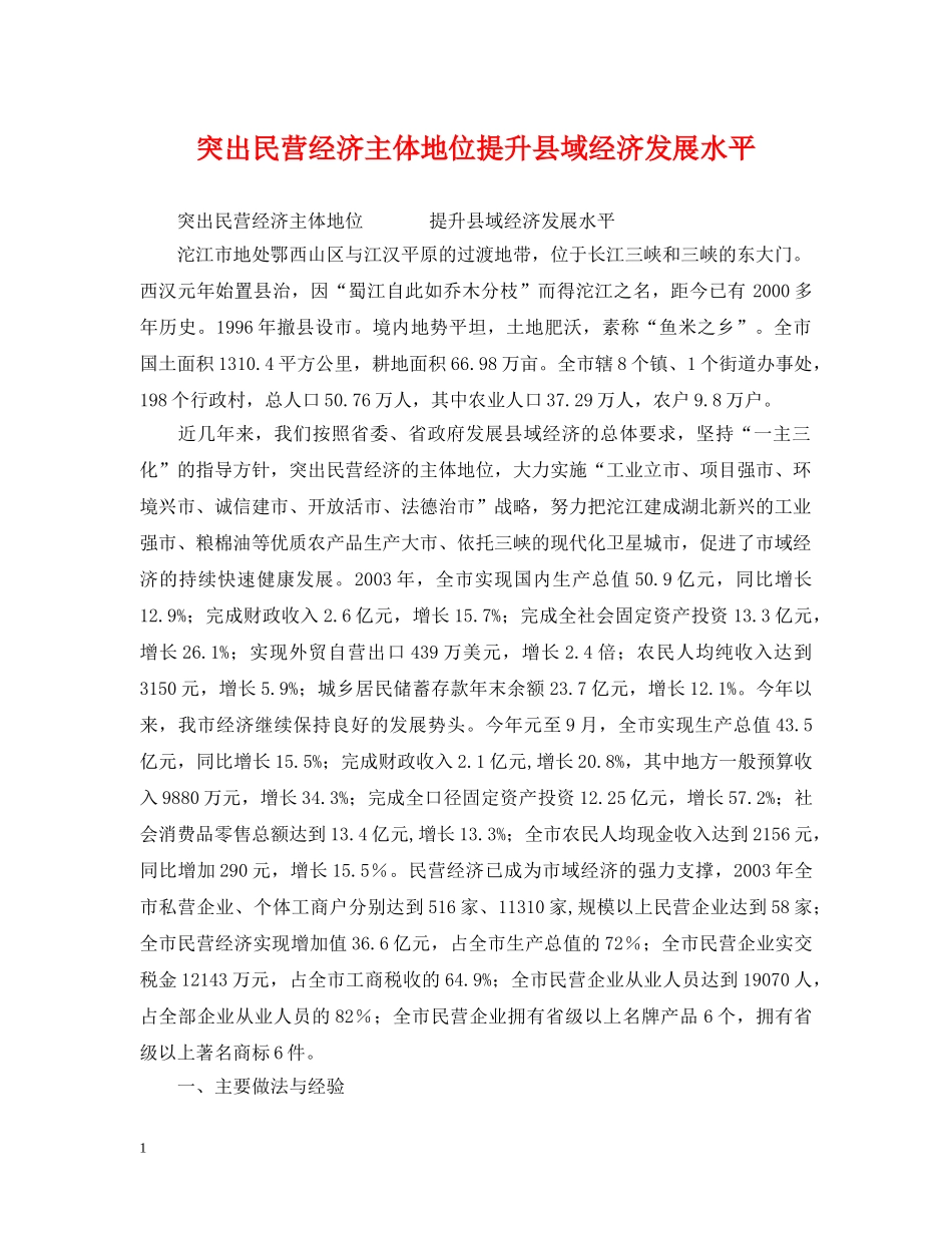 突出民营经济主体地位提升县域经济发展水平 _第1页