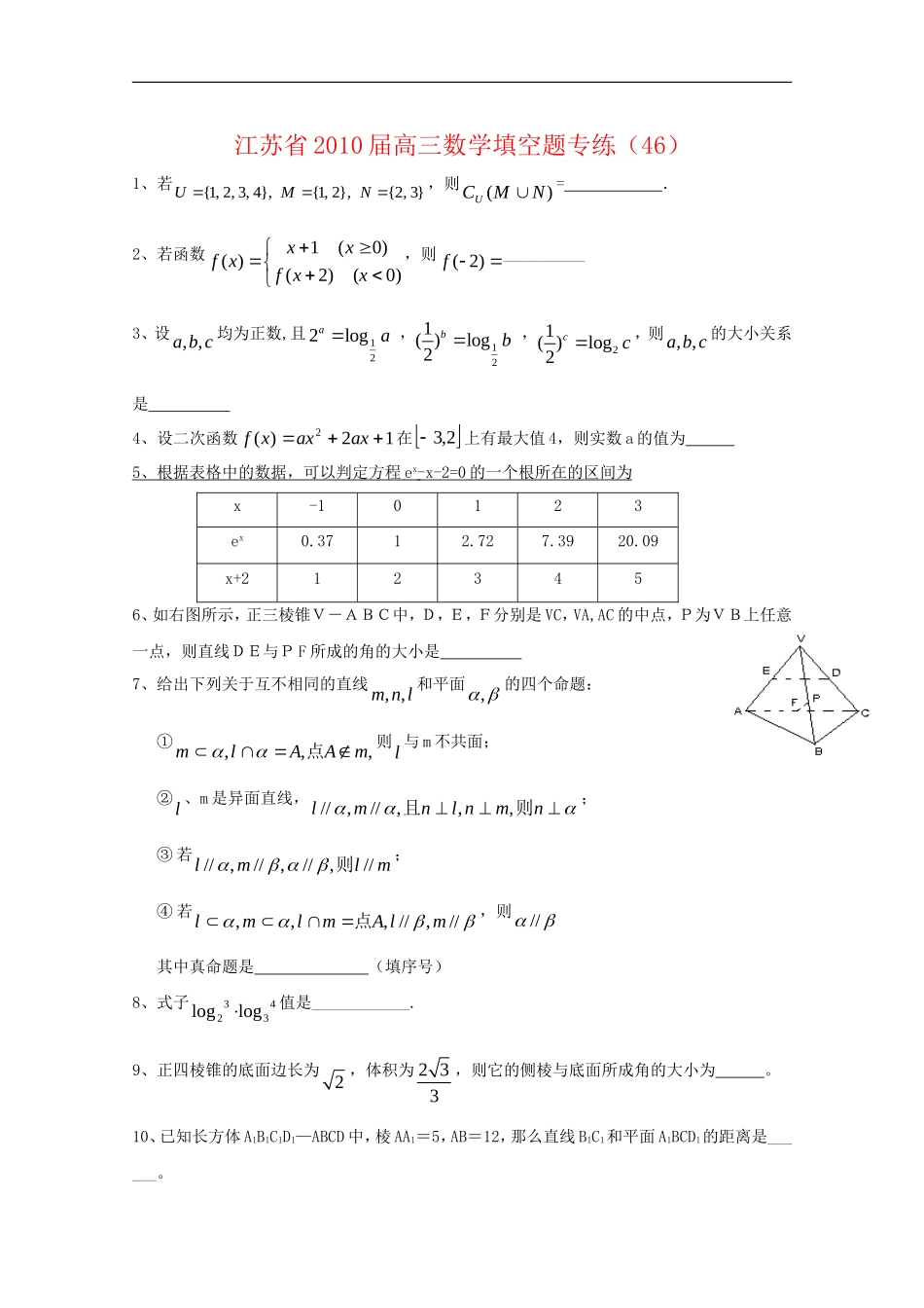 江苏省2010届高三数学填空题专练-练习(46)_第1页