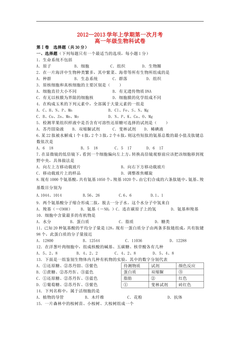 广西钦州市2012-2013学年高一生物上学期第一次月考试题旧人教版_第1页