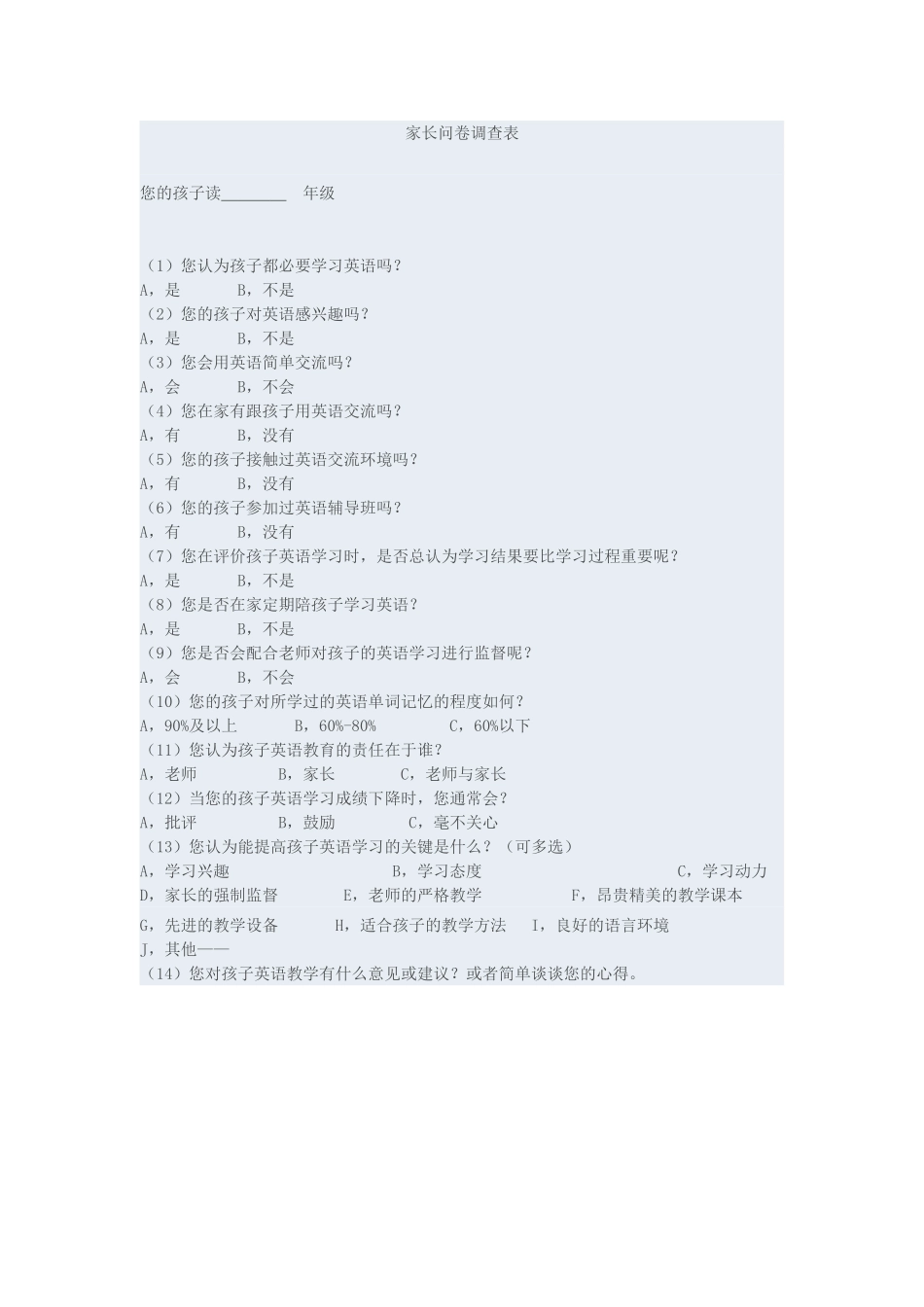 小学英语问卷调查表_第1页