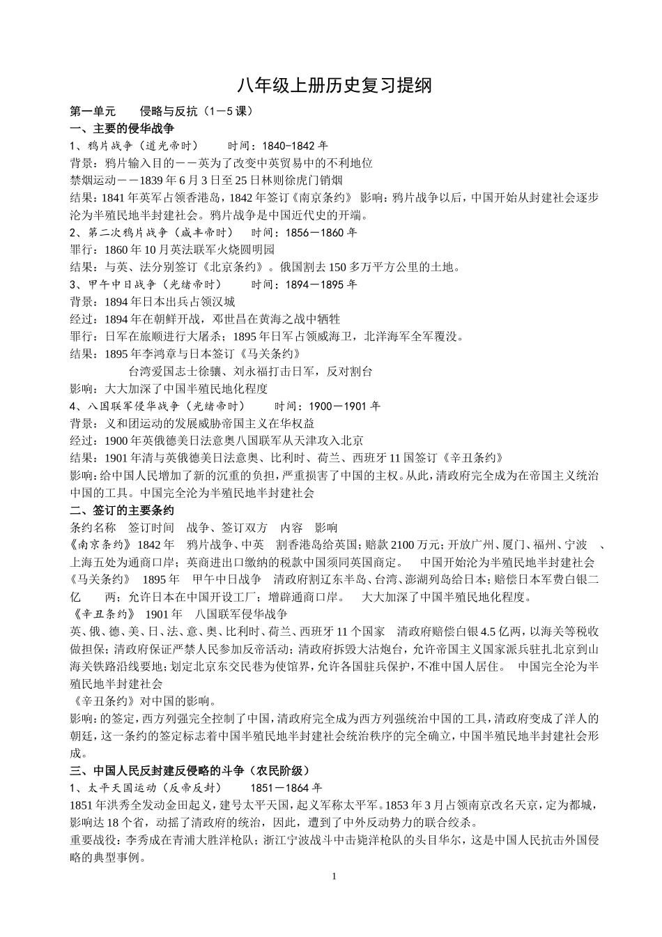 八年级上册历史复习提纲_第1页