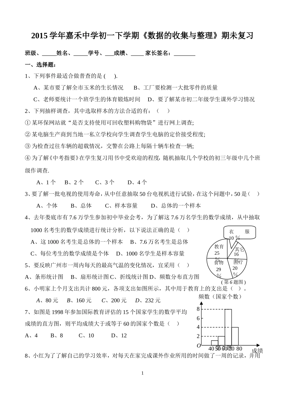 2015学年初一下学期《数据的收集与整理》期未复习_第1页