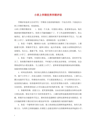 小班上学期优秀学期评语 
