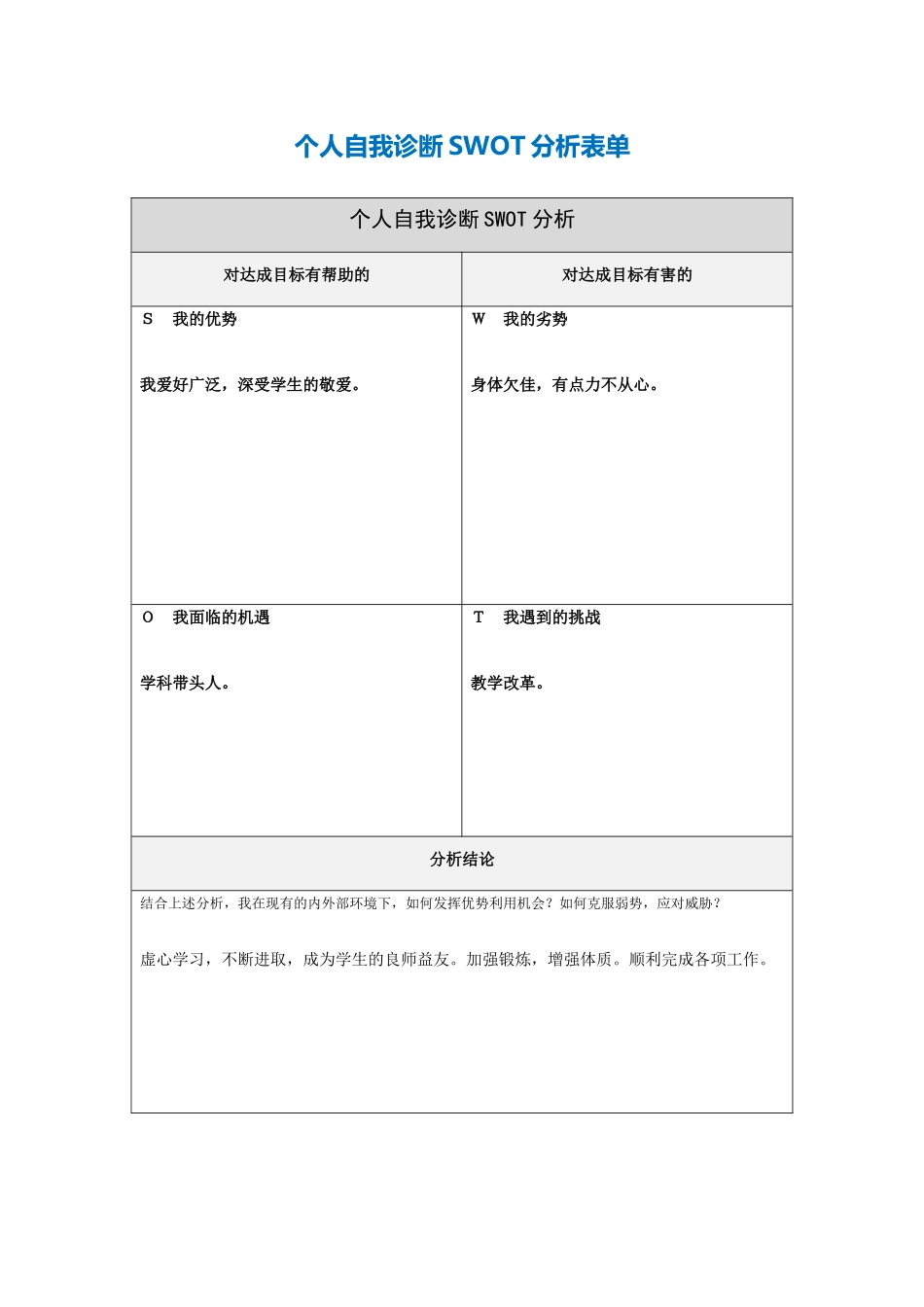 个人自我诊断SWOT分析表-(9)_第1页