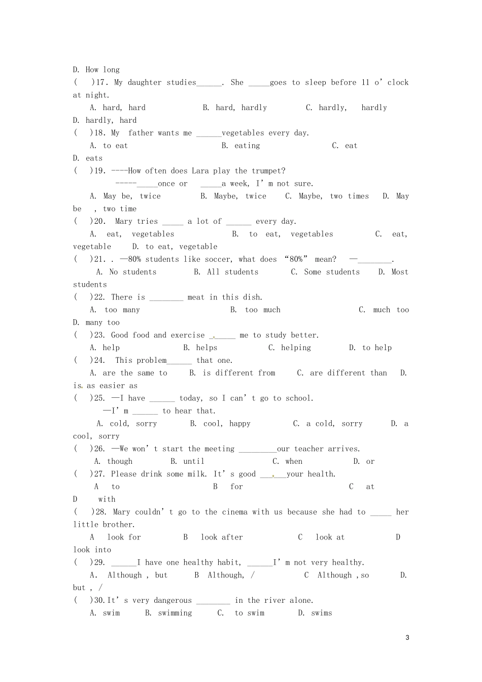 浙江省泰顺县新城学校2012-2013学年八年级英语第一次月考试题(无答案)-人教新目标版_第3页