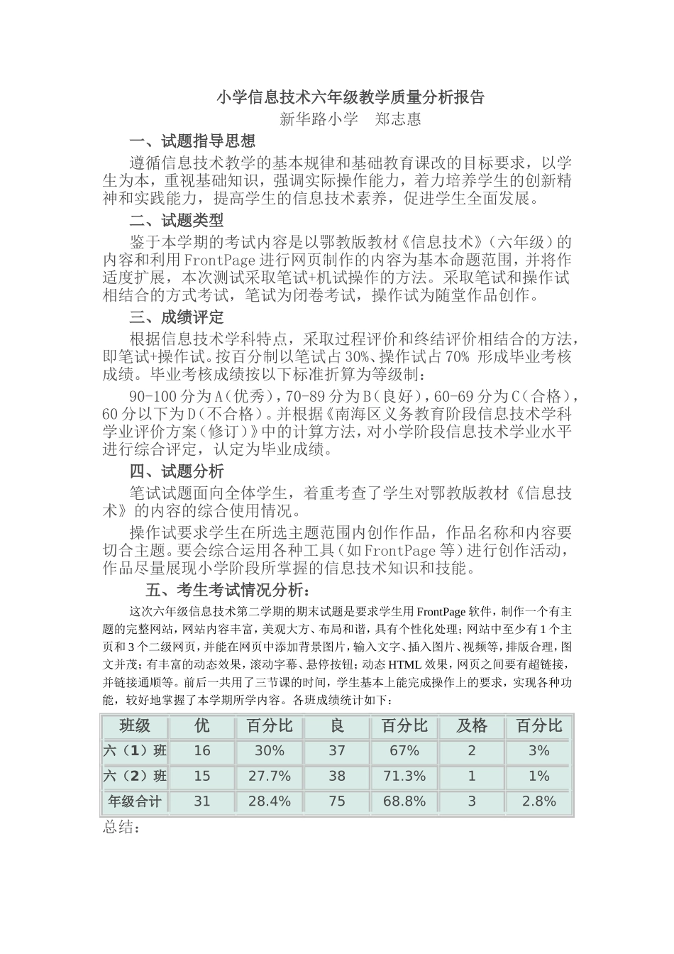 小学信息技术六年级教学质量分析报告_第1页