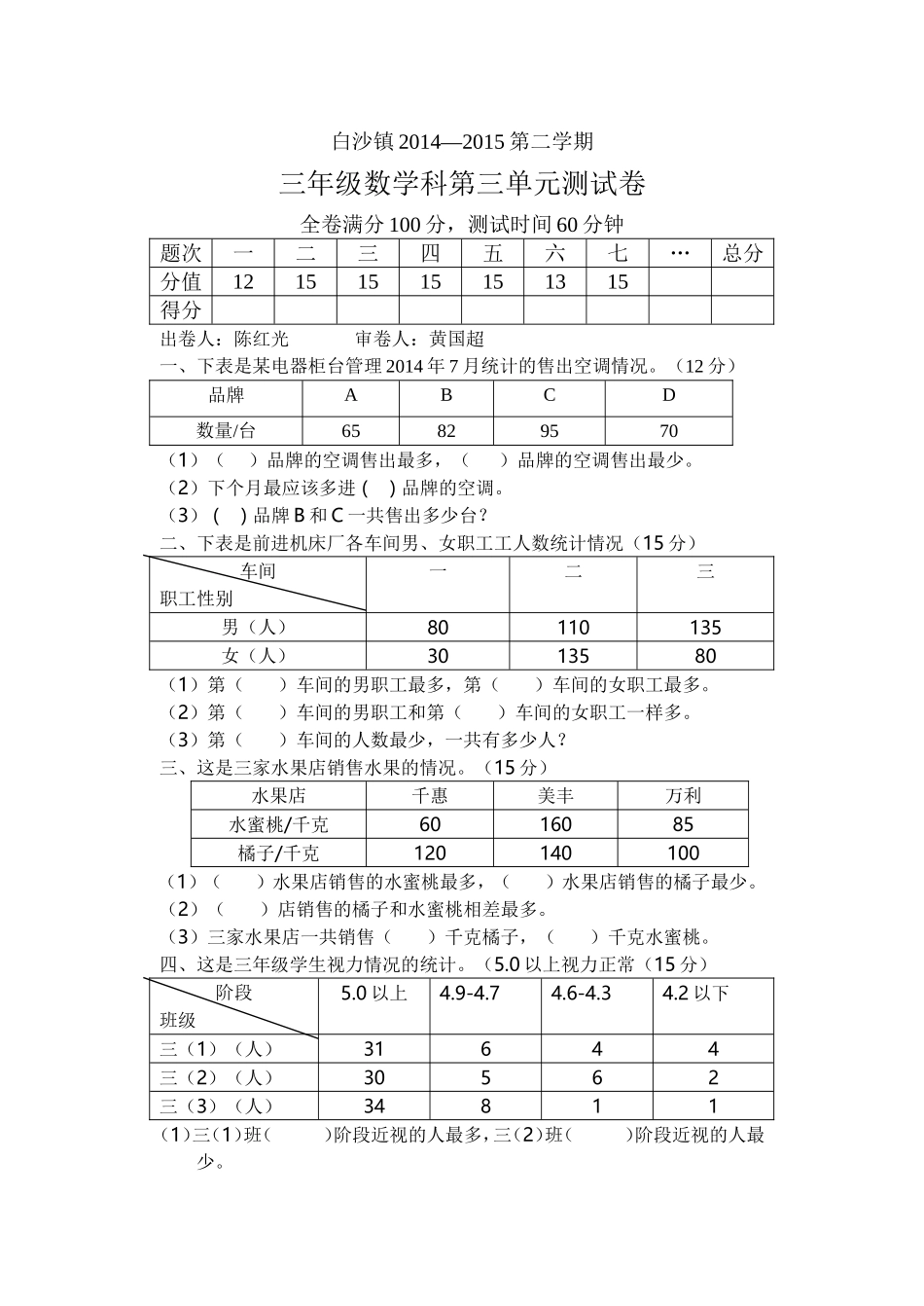 三年数学第二学期第三单元测试卷（陈红光）_第1页