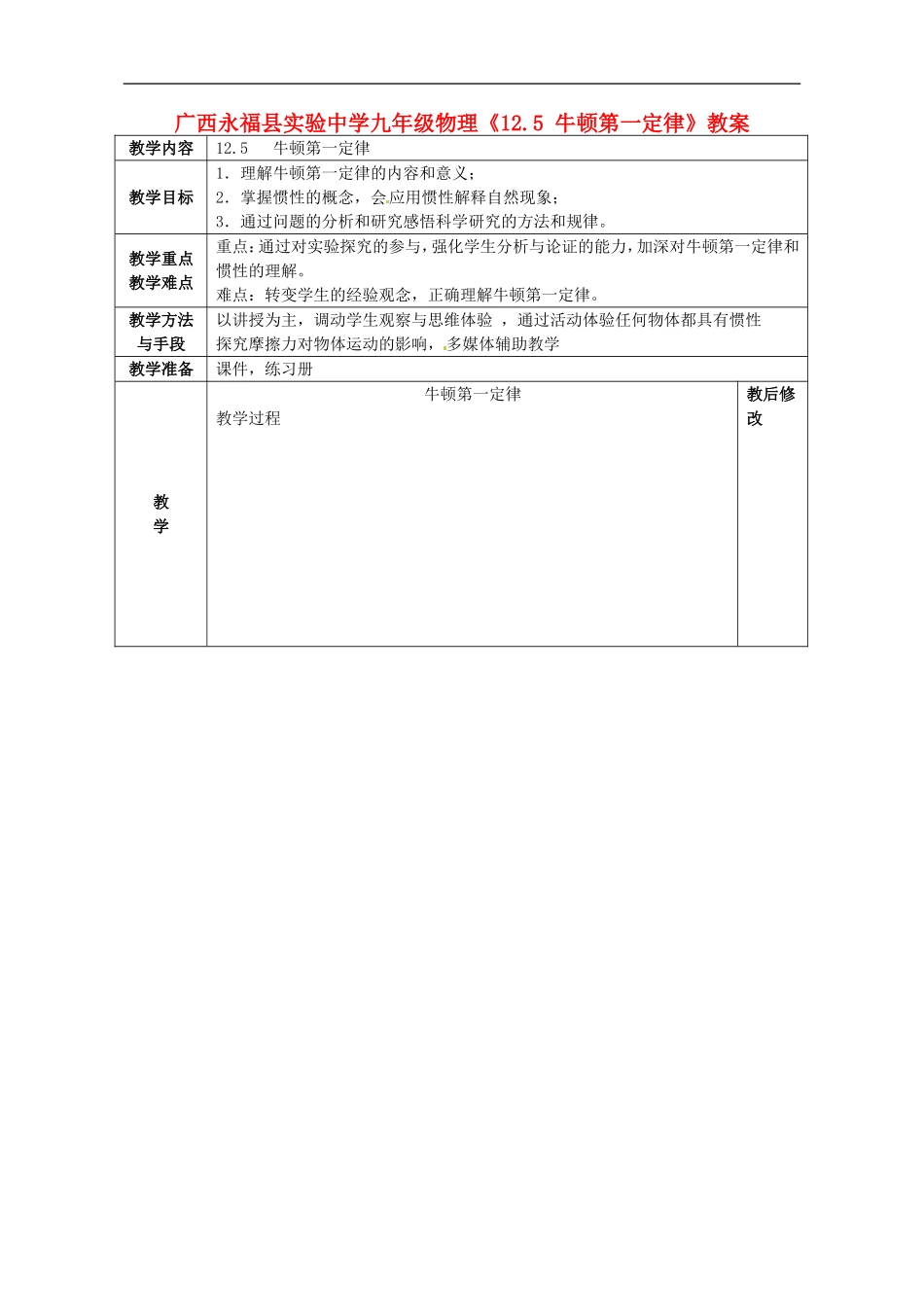 广西永福县实验中学九年级物理《12.5-牛顿第一定律》教案-人教新课标版_第1页