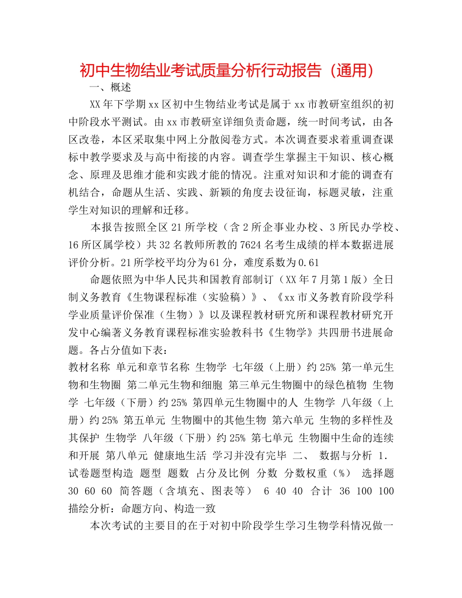 初中生物结业考试质量分析行动报告（通用） _第1页