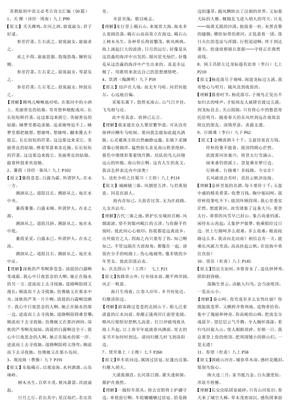苏教版初中语文古诗文50篇要点_第1页