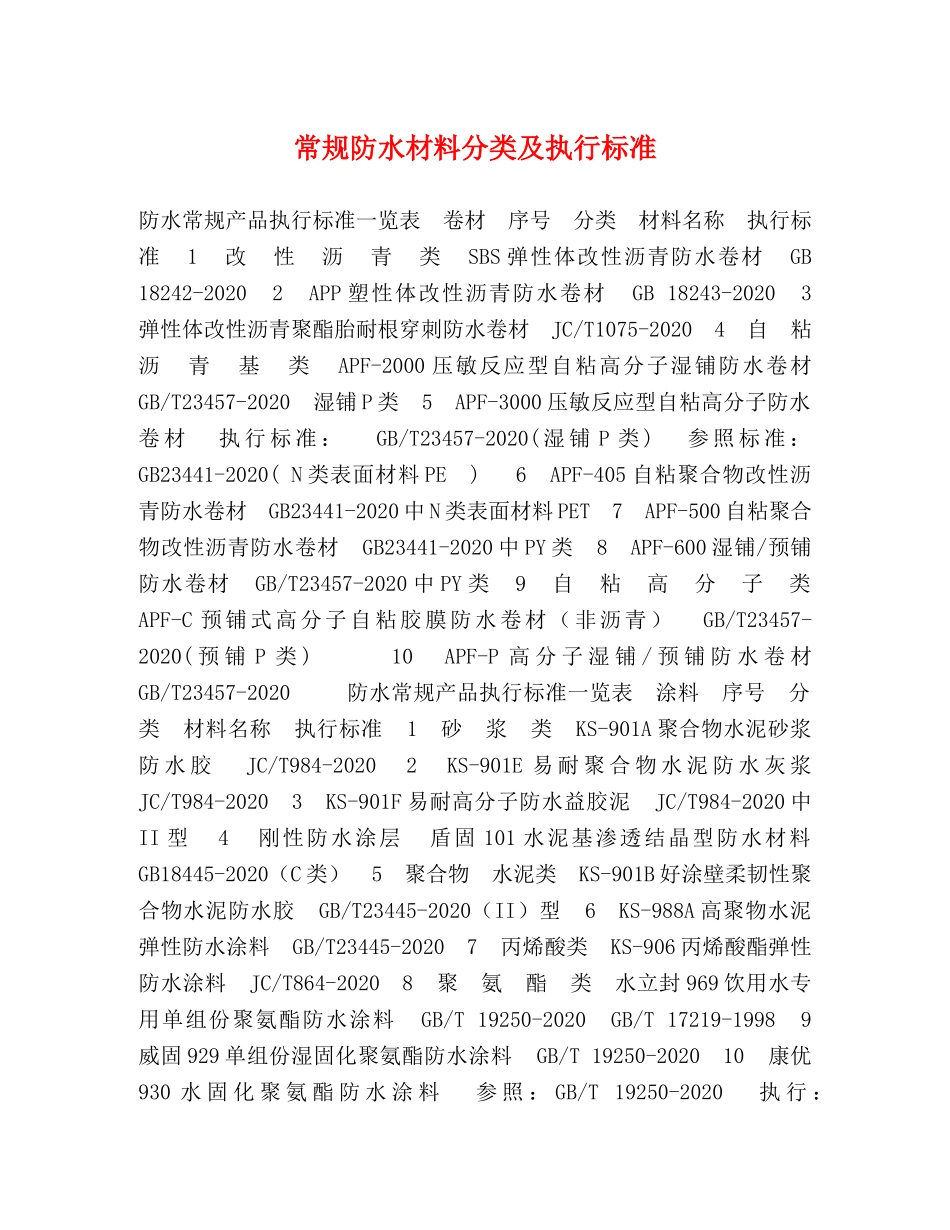 常规防水材料分类及执行标准 _第1页