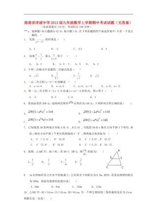 海南省洋浦中学2013届九年级数学上学期期中考试试题(无答案)