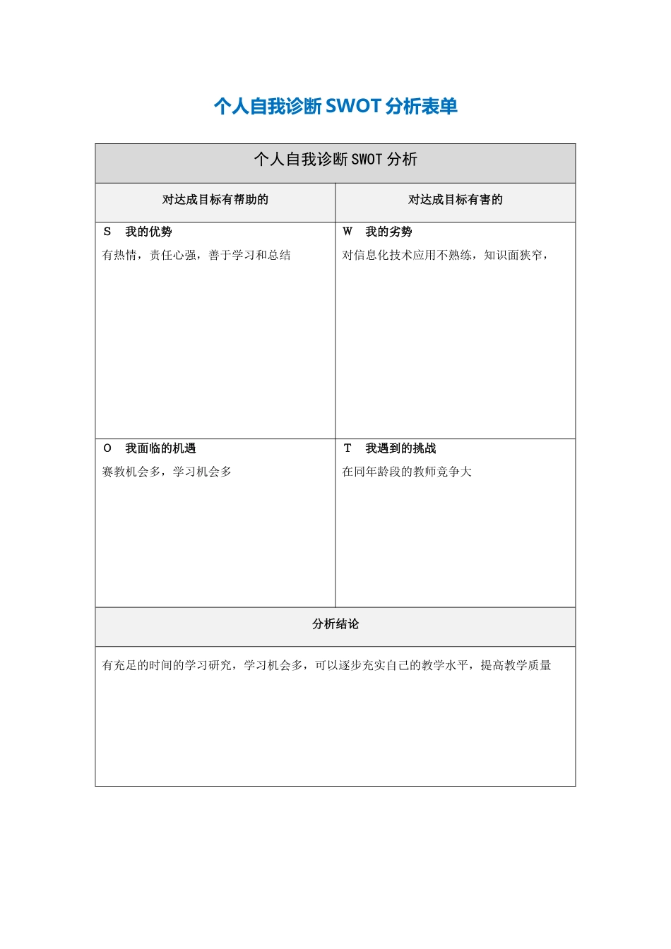 个人自我诊断SWOT分析表-(4)_第1页