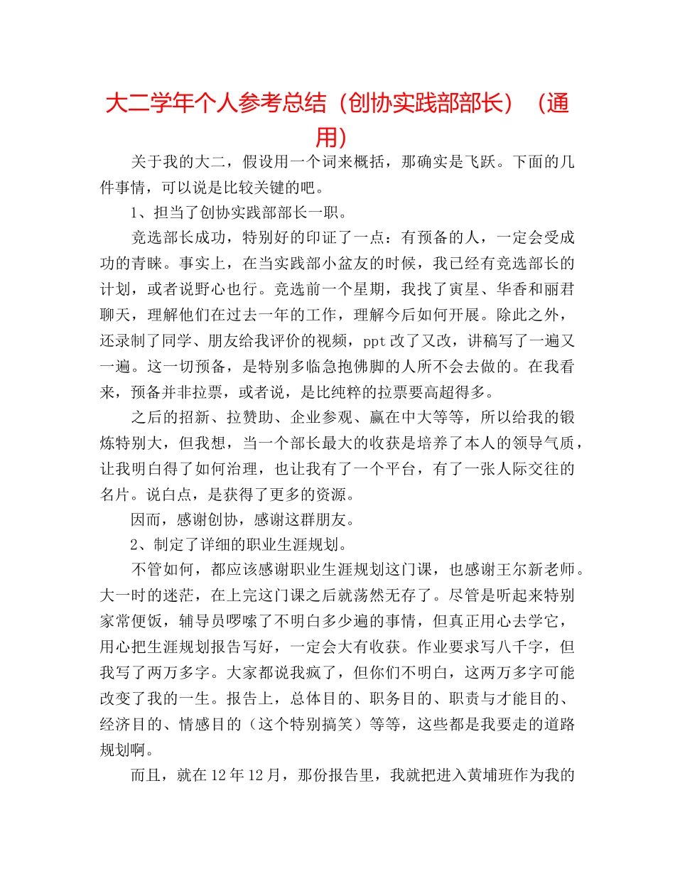 大二学年个人参考总结（创协实践部部长）（通用） _第1页