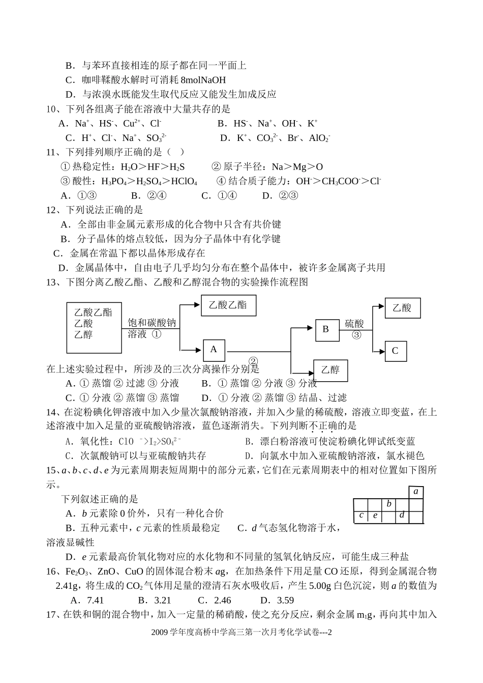 2009学年度上海市高桥中学化学第一次月考卷及答案_第2页