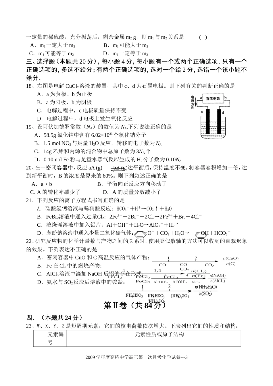 2009学年度上海市高桥中学化学第一次月考卷及答案_第3页