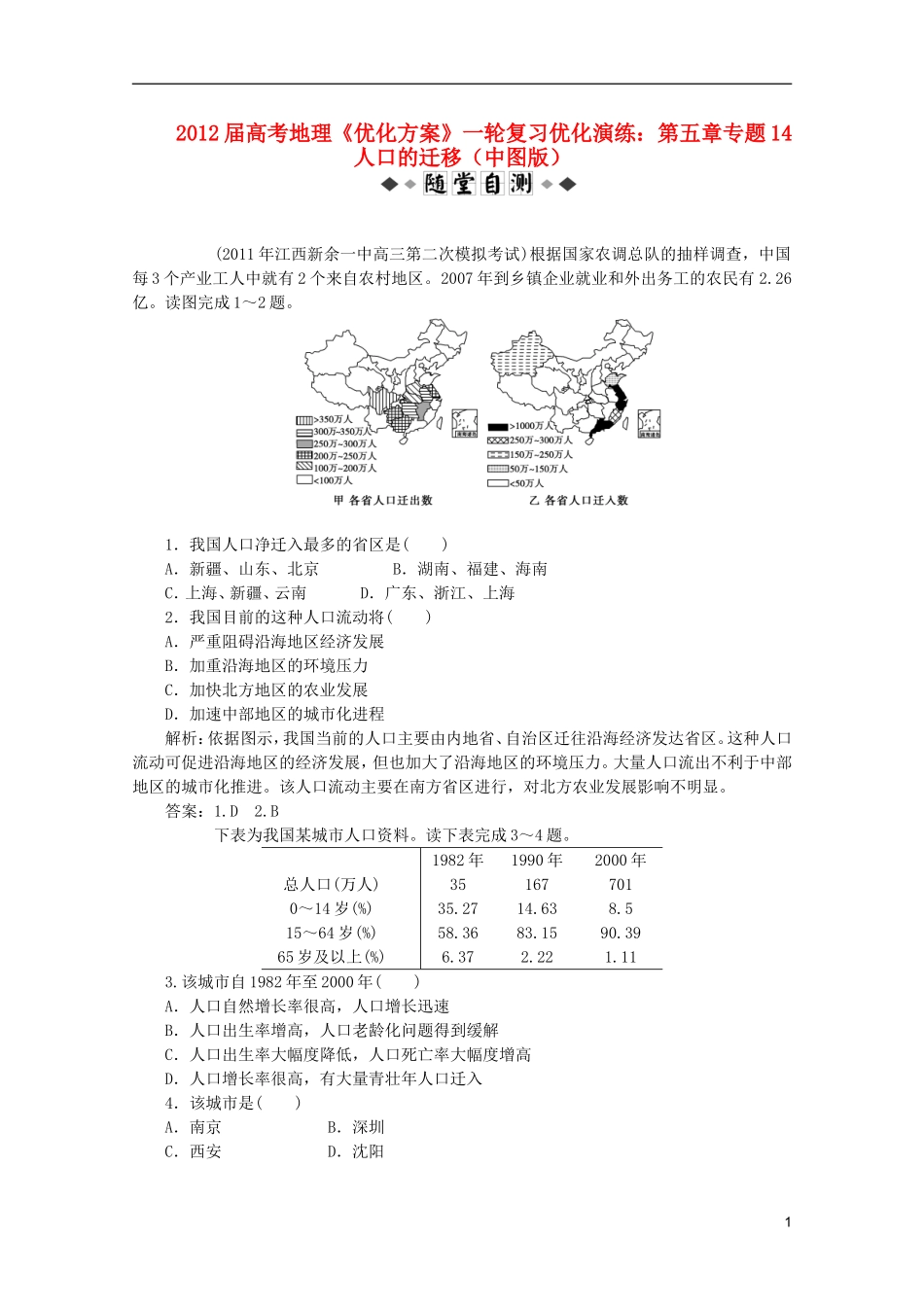 【优化方案】2012届高考地理一轮复习-第五章专题14-人口的迁移优化演练-中图版_第1页