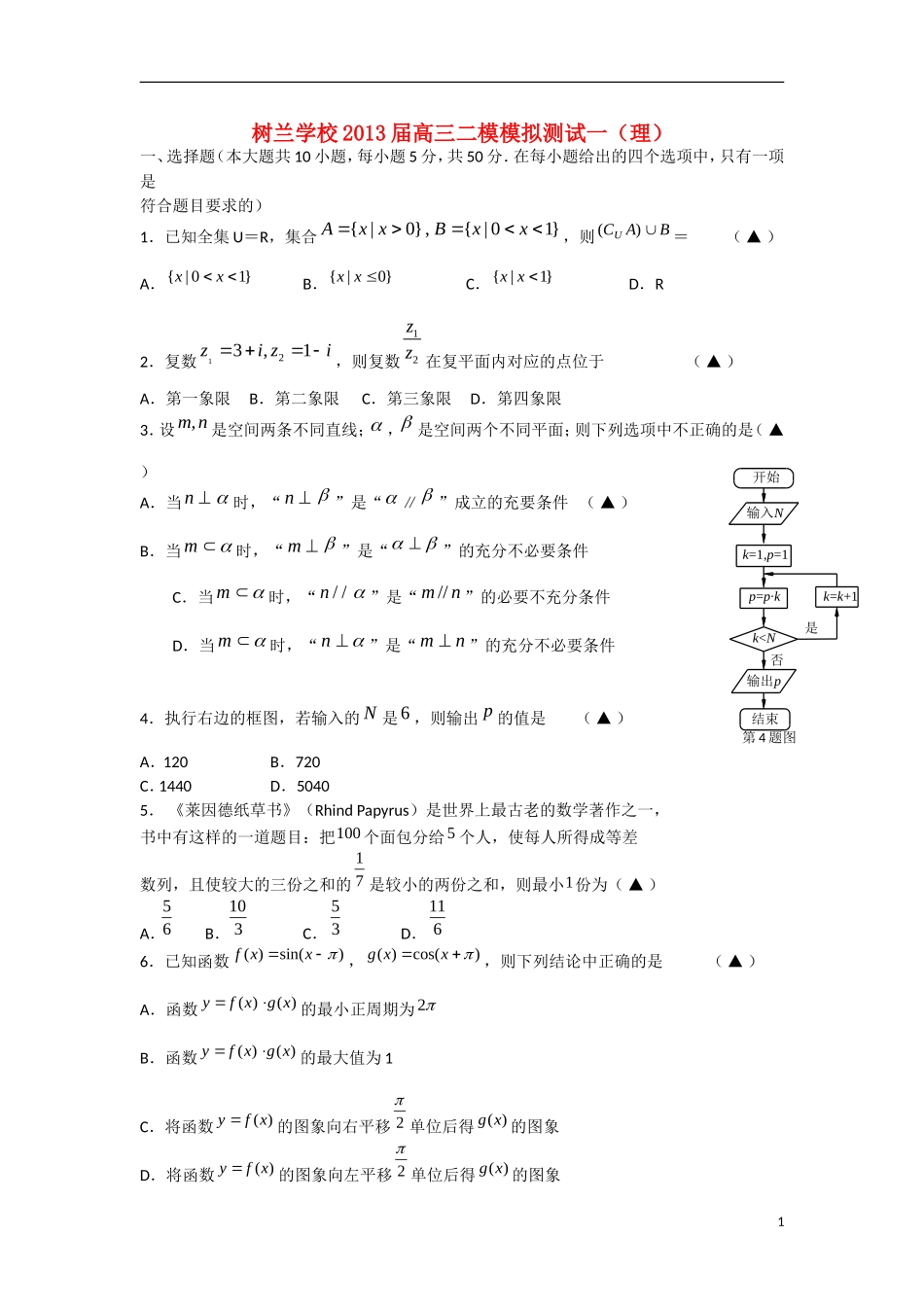 浙江省杭州市2013届高三数学二模模拟测试试题-理(无答案)新人教A版_第1页