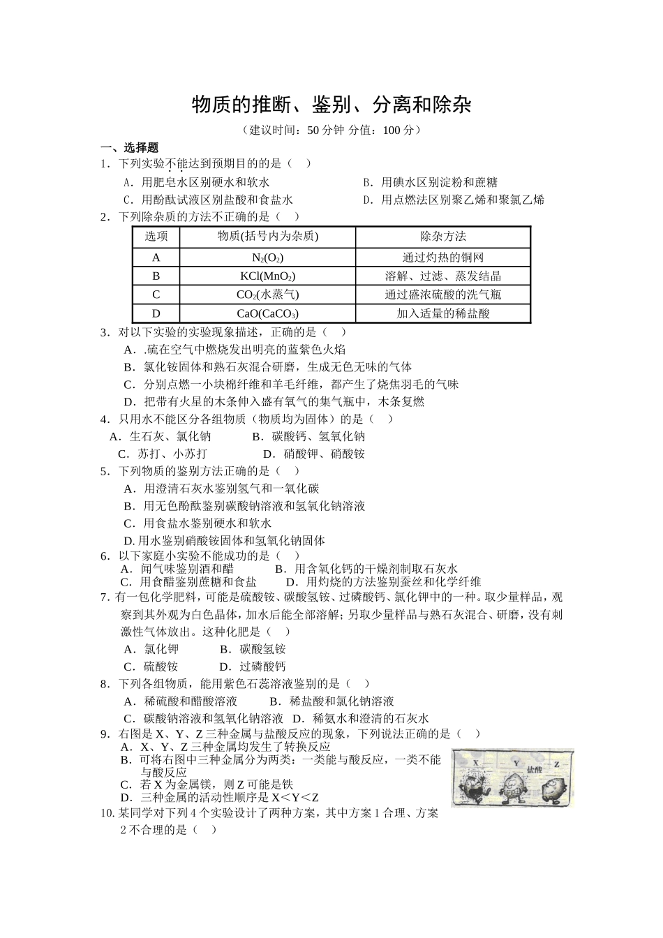 物质的推断、鉴别、分离和除杂_第1页