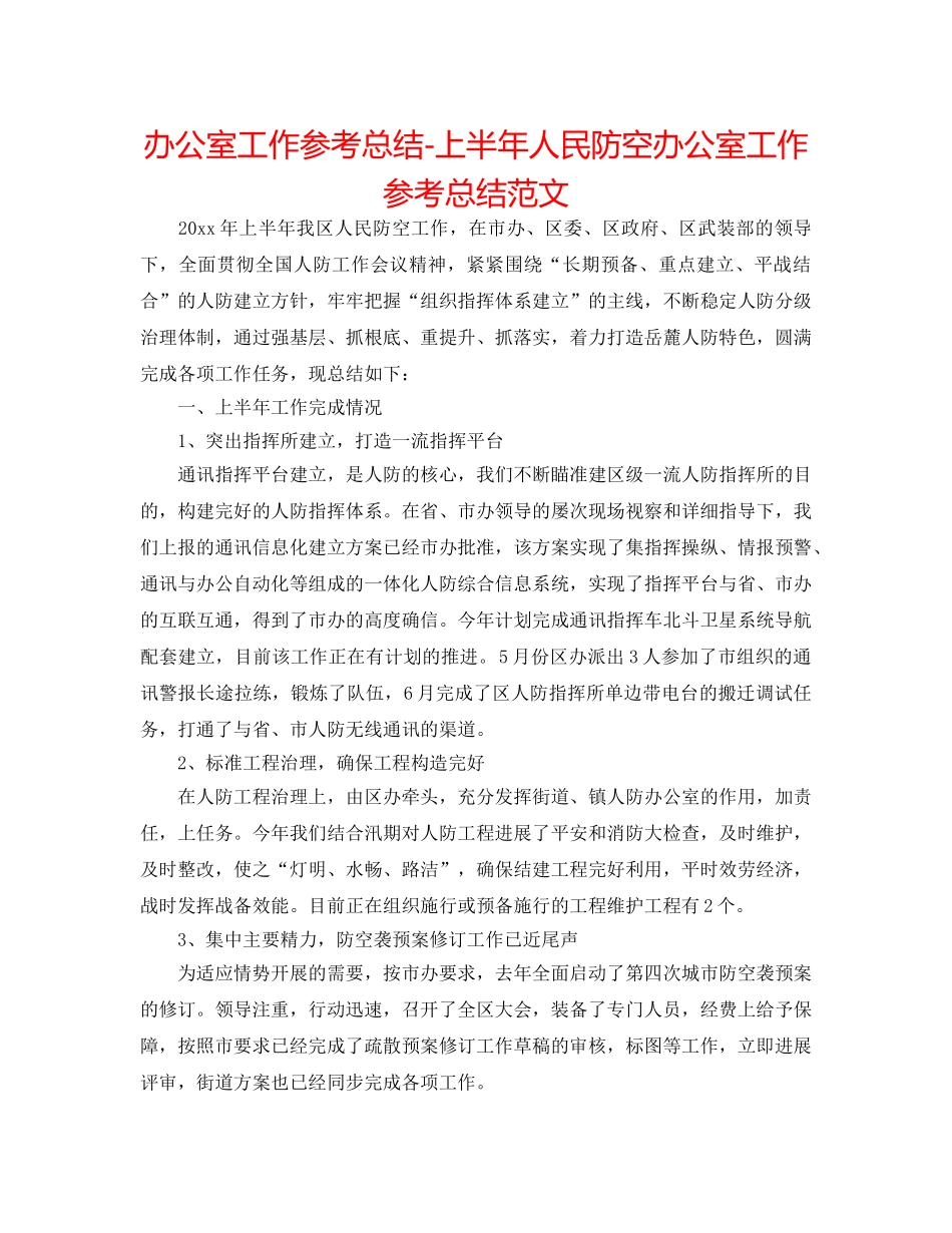 办公室工作参考总结-上半年人民防空办公室工作参考总结范文 _第1页