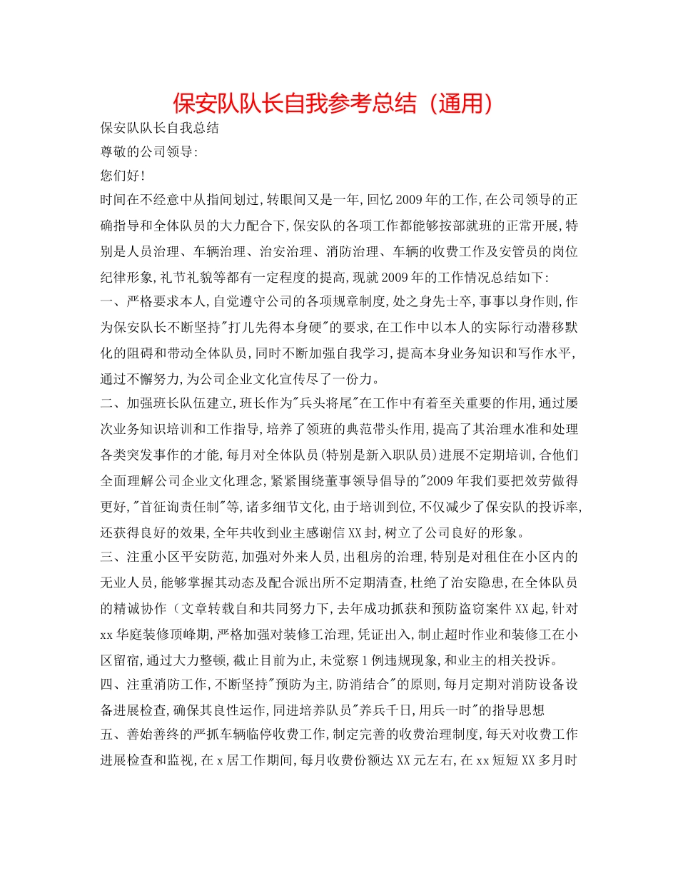 保安队队长自我参考总结（通用） _第1页