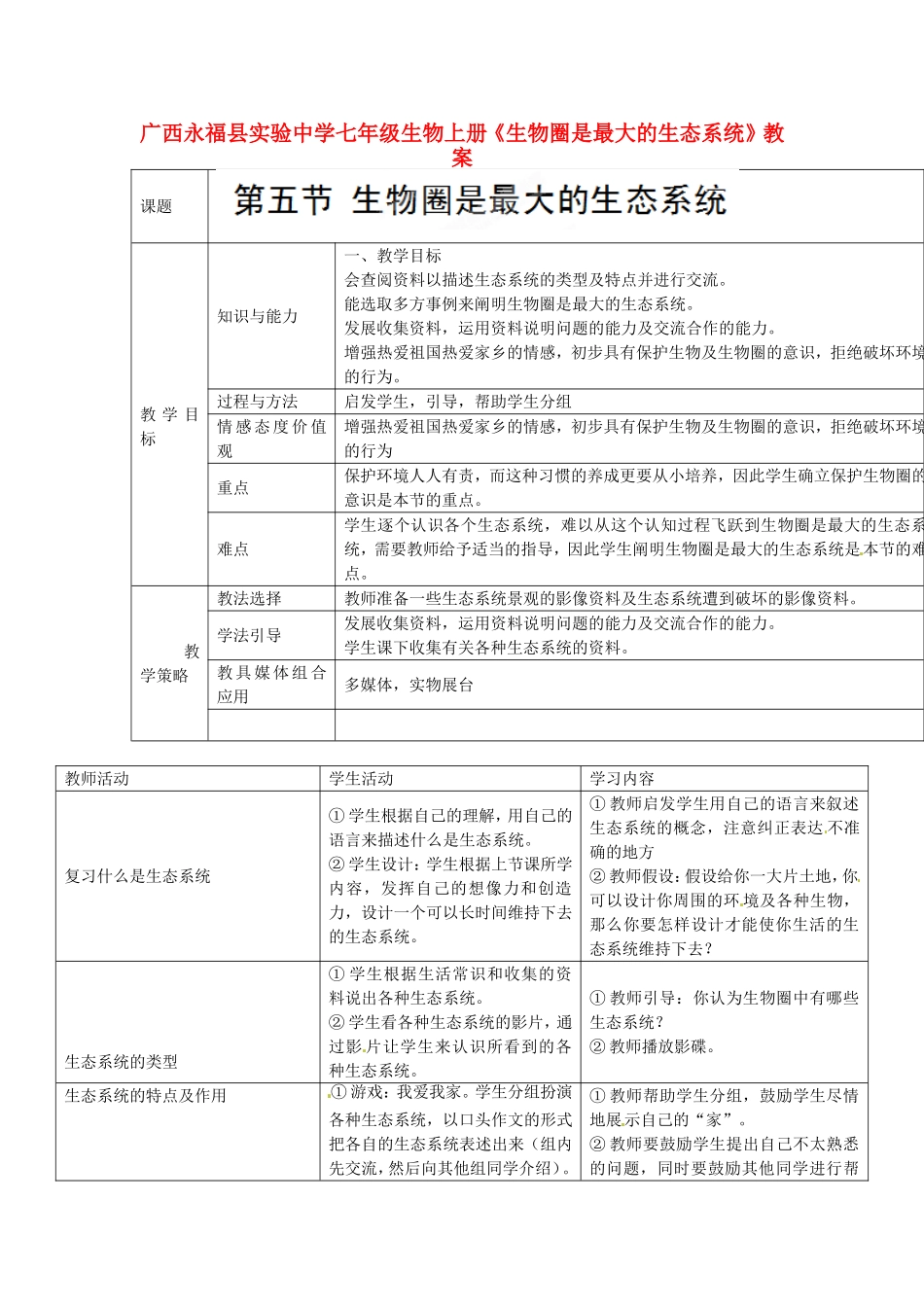 广西永福县实验中学七年级生物上册《生物圈是最大的生态系统》教案_第1页